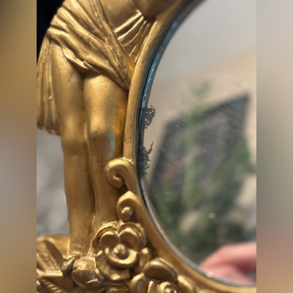 Vintage Gold Cherub Mirror w/ Roses • Romantic Angel Vanity Décor • Collectible - Picture 7 of 14